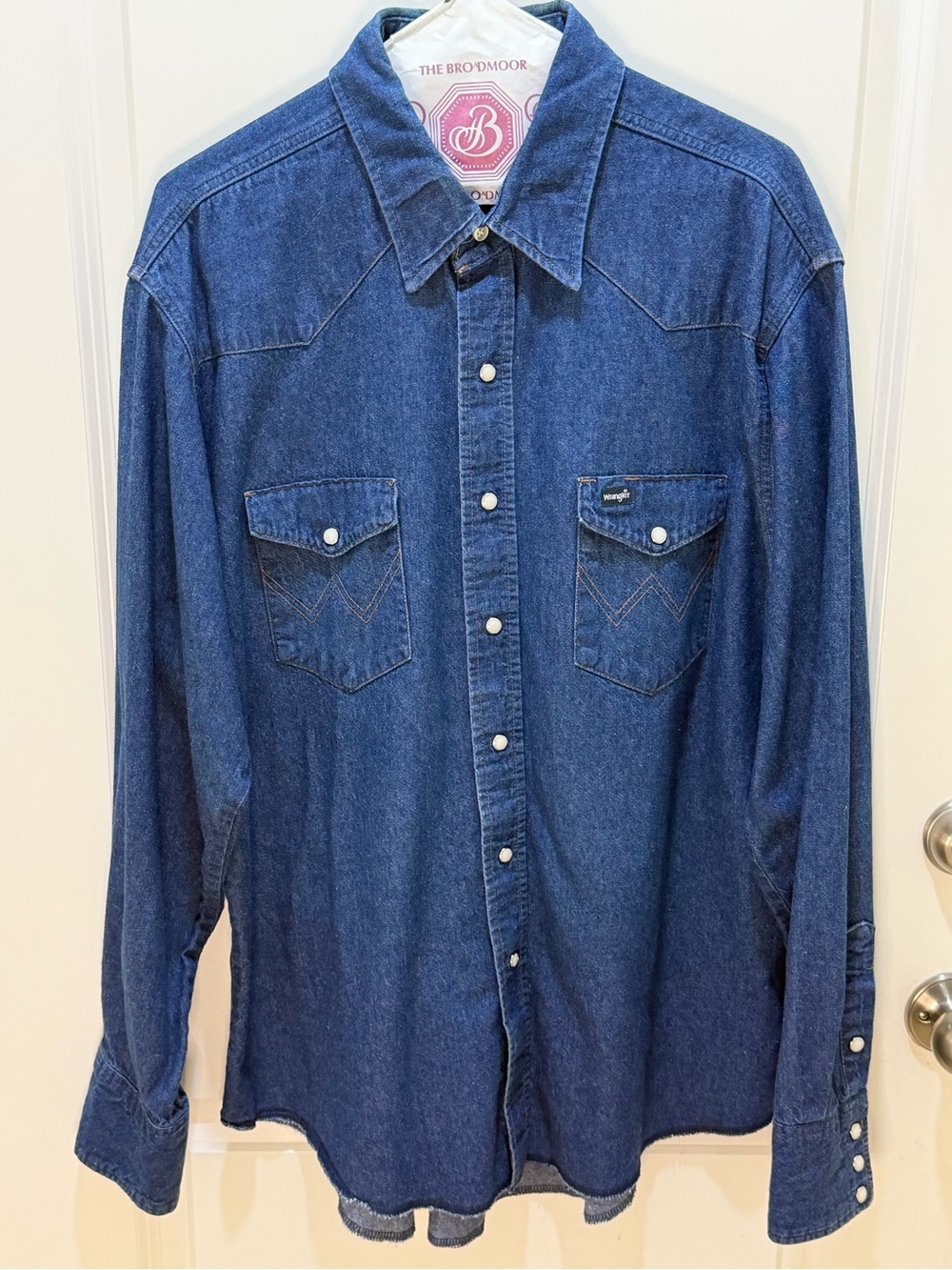 Vtg Wrangler X-Long Tails Dark Denim Western Shirt W/Pearl Snaps Mens 17-35